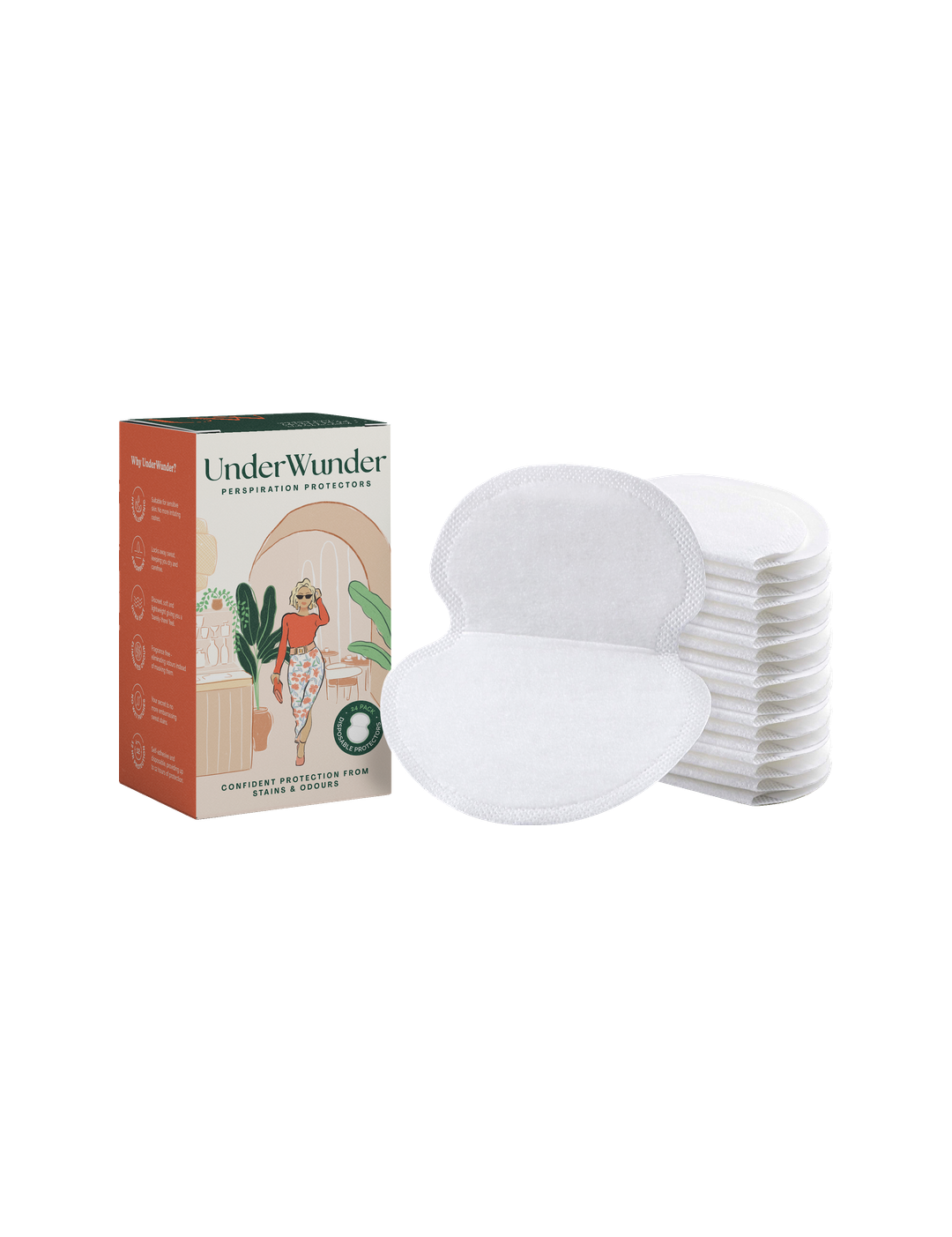UnderWunder Perspiration Protectors Womens - White — white pads with the matching women’s box, on white.