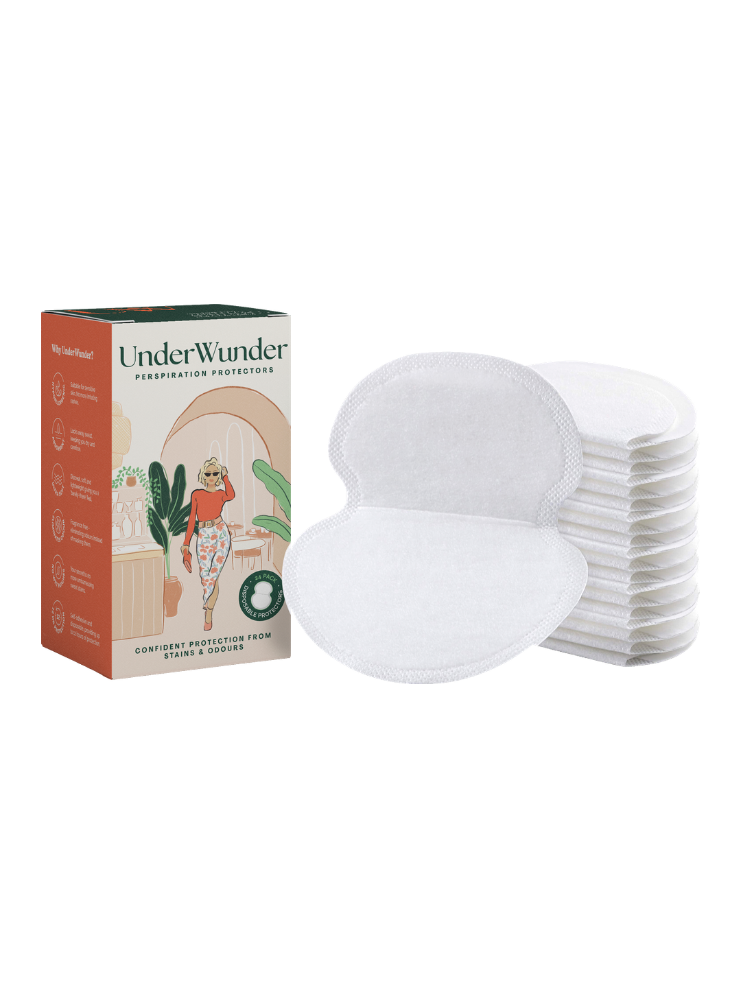 UnderWunder Perspiration Protectors Womens - White — white pads with the matching women’s box, on white.