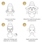 Step-by-step skincare: 1. Woman cleanses face and neck. 2. She puts on Vanessa Megan The Butterfly Effect Medical-Grade Silicone LED Face Mask with neck piece. 3. Adjusts device for 10–20 min session. 4. Applies moisturizer to glowing skin.