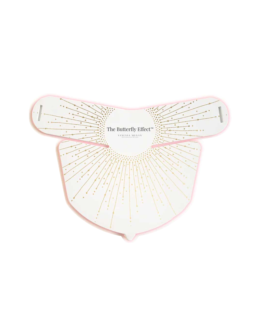 The Vanessa Megan The Butterfly Effect Medical-Grade Silicone LED Neck Mask features a white, abstract butterfly-shaped design with gold dotted lines, trimmed in pink for a chic look, perfect for at-home skincare treatments.