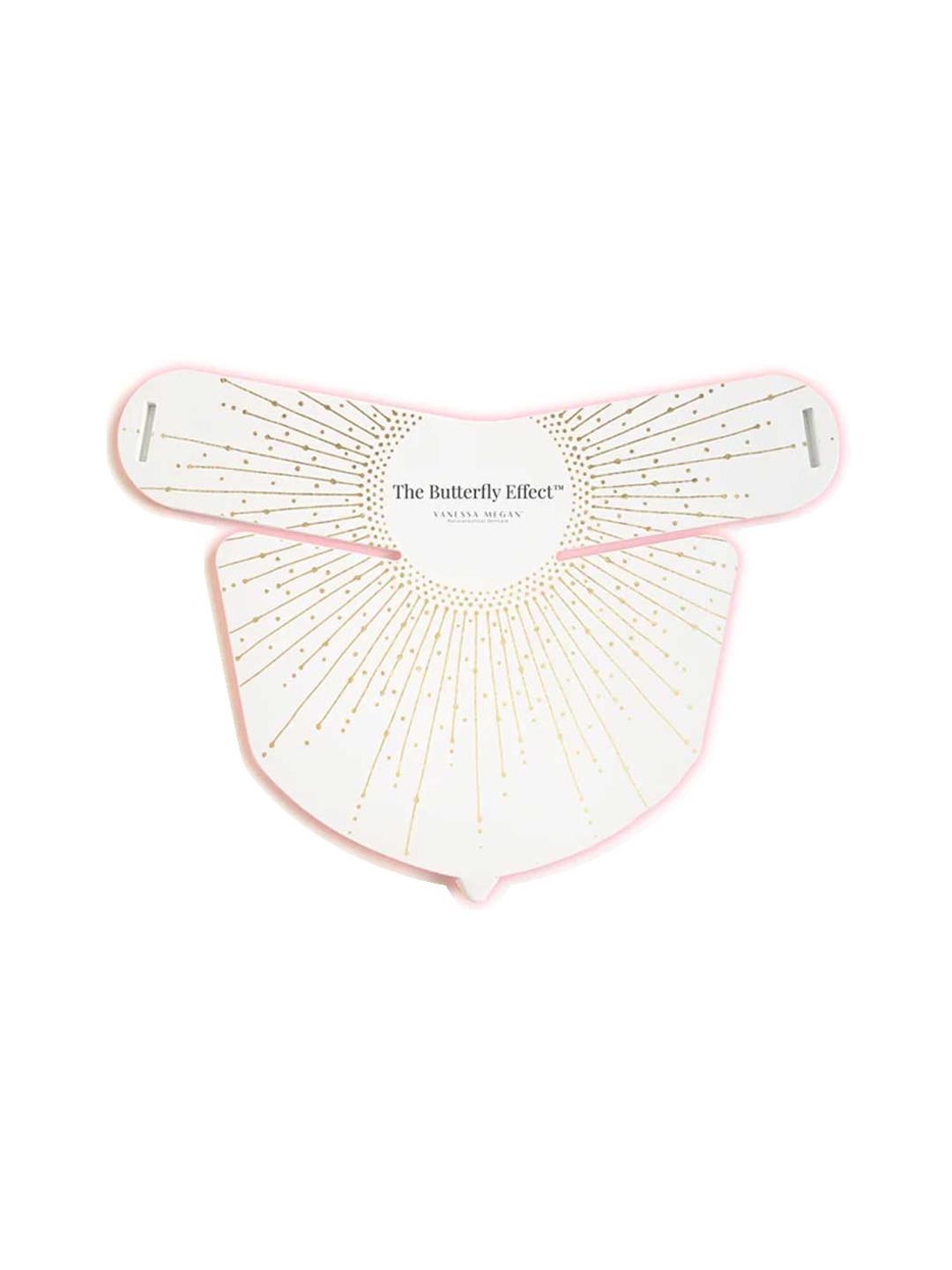 The Vanessa Megan The Butterfly Effect Medical-Grade Silicone LED Neck Mask features a white, abstract butterfly-shaped design with gold dotted lines, trimmed in pink for a chic look, perfect for at-home skincare treatments.