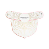 The Vanessa Megan The Butterfly Effect Medical-Grade Silicone LED Neck Mask features a white, abstract butterfly-shaped design with gold dotted lines, trimmed in pink for a chic look, perfect for at-home skincare treatments.