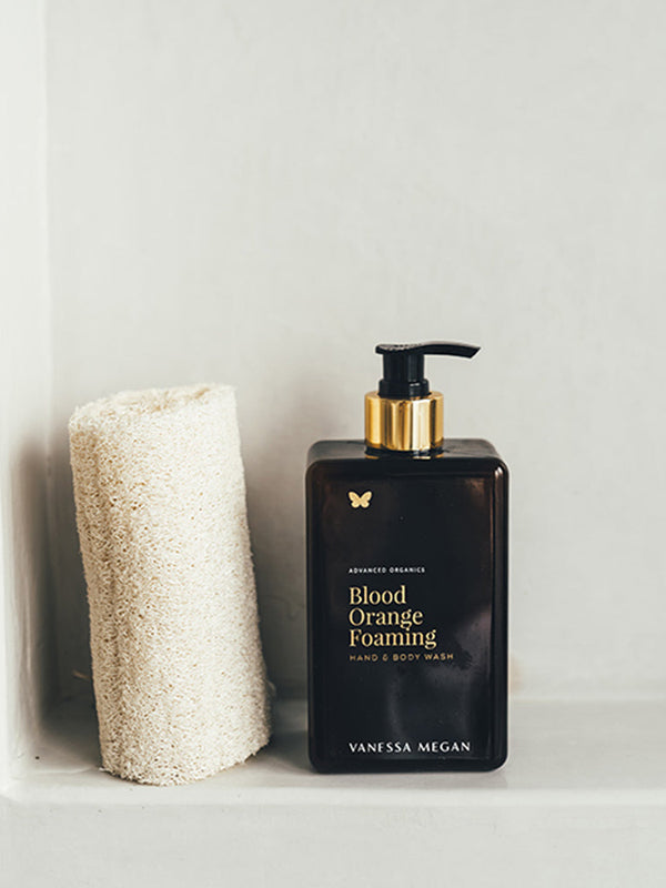 Vanessa Megan Blood Orange and Vetiver Body Wash pump bottle in the bathroom