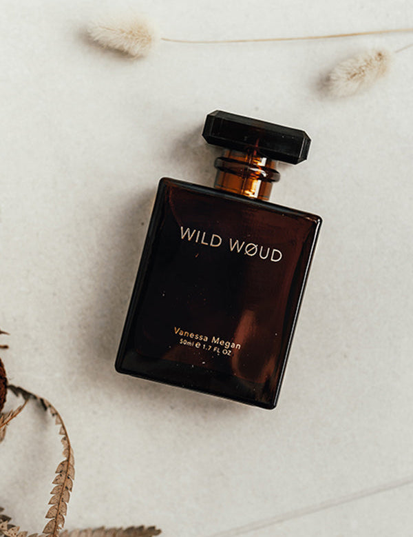 Vanessa Megan Wild Woud 100% Natural Perfume bottle flatlay