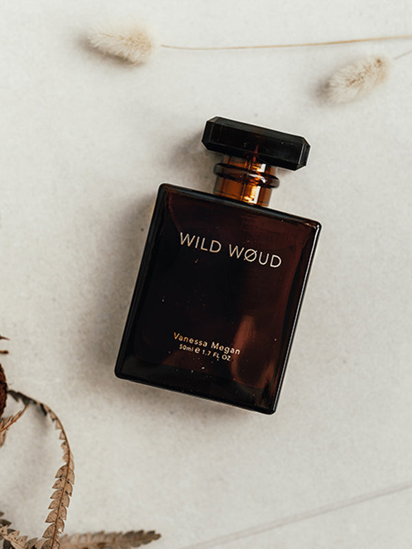 Vanessa Megan Wild Woud 100% Natural Perfume bottle flatlay