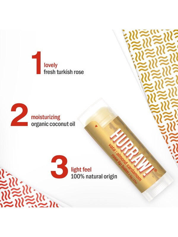 Ingredients and product information for Hurraw! Vata Lip Balm Almond Cardamom & Rose 4.8g