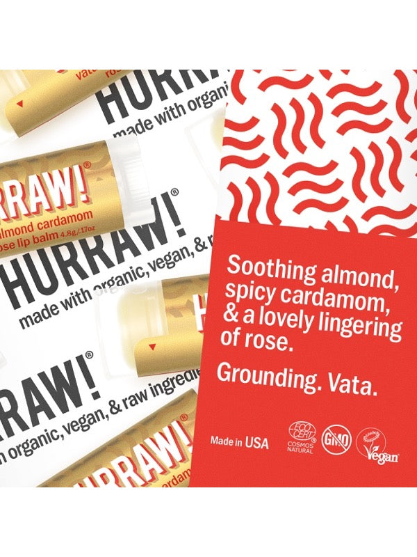 Product and flavour details for Hurraw! Vata Lip Balm Almond Cardamom & Rose 4.8g
