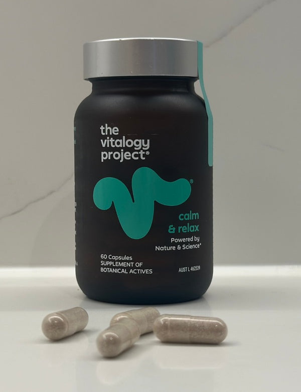 The Vitalogy Project Calm and Relax bottle with capsules