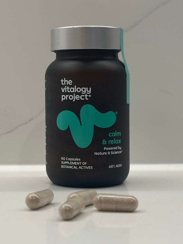 The Vitalogy Project Calm and Relax bottle with capsules