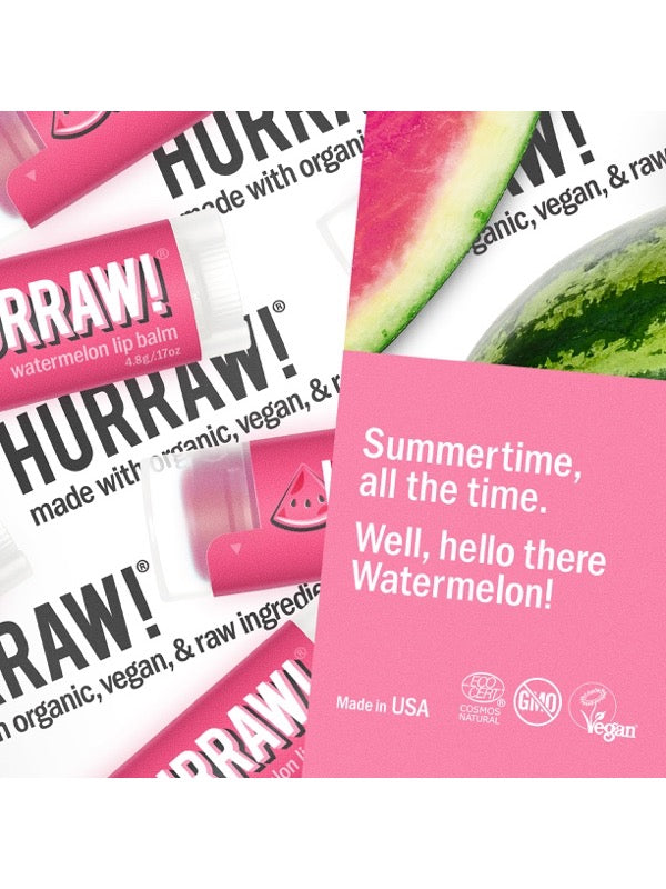 Product and flavour details for Hurraw! Organic Lip Balm - Watermelon 4.8g