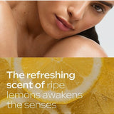 Weleda Hydrating Body Lotion scent graphic with a woman above fresh lemon imagery and the complete text, The refreshing scent of ripe lemons awakens the senses.
