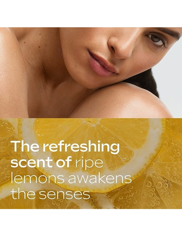 Weleda Hydrating Body Lotion scent graphic with a woman above fresh lemon imagery and the complete text, The refreshing scent of ripe lemons awakens the senses.