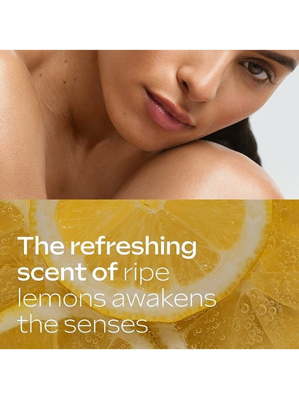 Weleda Hydrating Body Lotion scent graphic with a woman above fresh lemon imagery and the complete text, The refreshing scent of ripe lemons awakens the senses.