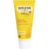A yellow tube of Weleda Calendula Baby Body Cream with a white cap and flower graphics, designed to nourish and soothe baby's skin.