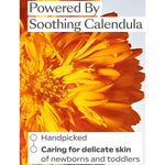 Close-up calendula flower graphic for Weleda Calendula Baby Body Cream, with callouts explaining that the calendula is handpicked and cares for delicate newborn and toddler skin.