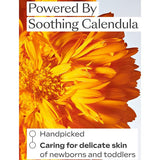 Close-up calendula flower graphic for Weleda Calendula Baby Body Cream, with callouts explaining that the calendula is handpicked and cares for delicate newborn and toddler skin.