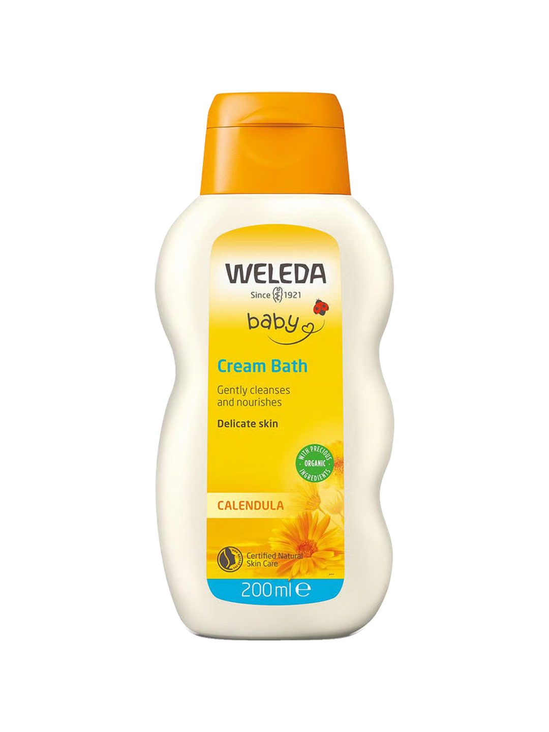 Weleda Calendula Cream Bath in a cream-coloured bottle with curved sides, an orange flip-top cap and a yellow label illustrated with orange flowers.