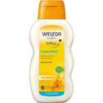 Weleda Calendula Cream Bath in a cream-coloured bottle with curved sides, an orange flip-top cap and a yellow label illustrated with orange flowers.