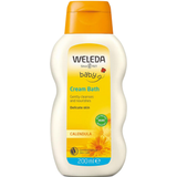 Weleda Calendula Cream Bath in a cream-coloured bottle with curved sides, an orange flip-top cap and a yellow label illustrated with orange flowers.