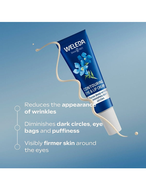 Weleda Contouring Eye & Lip Cream tube on a blue background with a cream texture swatch and text describing reduced wrinkles, diminished dark circles and visibly firmer eye-area skin.