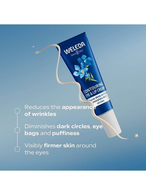 Weleda Contouring Eye & Lip Cream tube on a blue background with a cream texture swatch and text describing reduced wrinkles, diminished dark circles and visibly firmer eye-area skin.