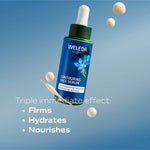 Weleda Contouring Face Serum bottle on a blue background with serum droplets and text reading Triple immediate effect: firms, hydrates and nourishes.
