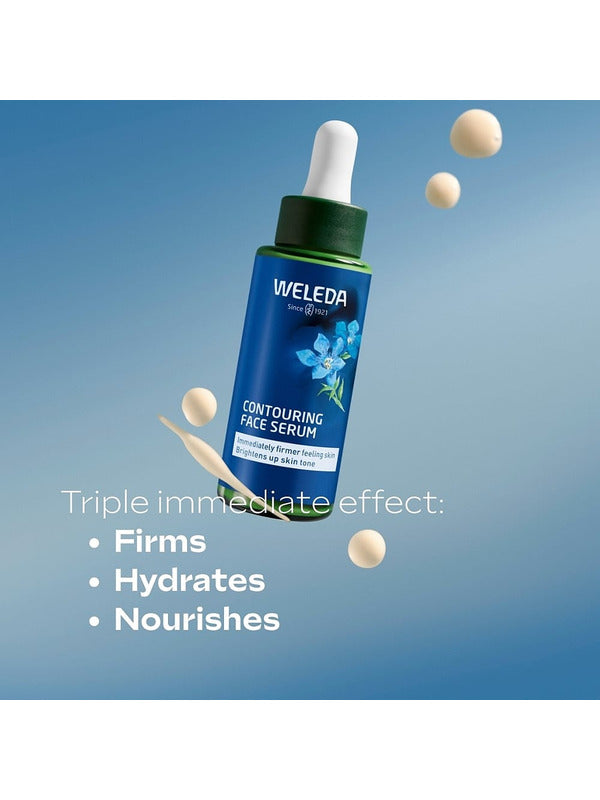 Weleda Contouring Face Serum bottle on a blue background with serum droplets and text reading Triple immediate effect: firms, hydrates and nourishes.