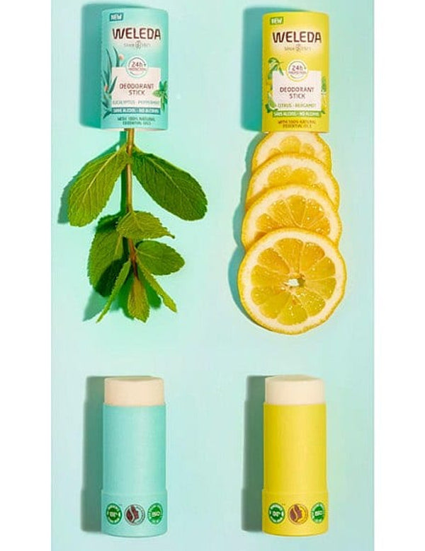 Deodorant Stick Citrus-Bergamot and Eucalyptus-Peppermint opened with peppermint leaves and slices of lemon.