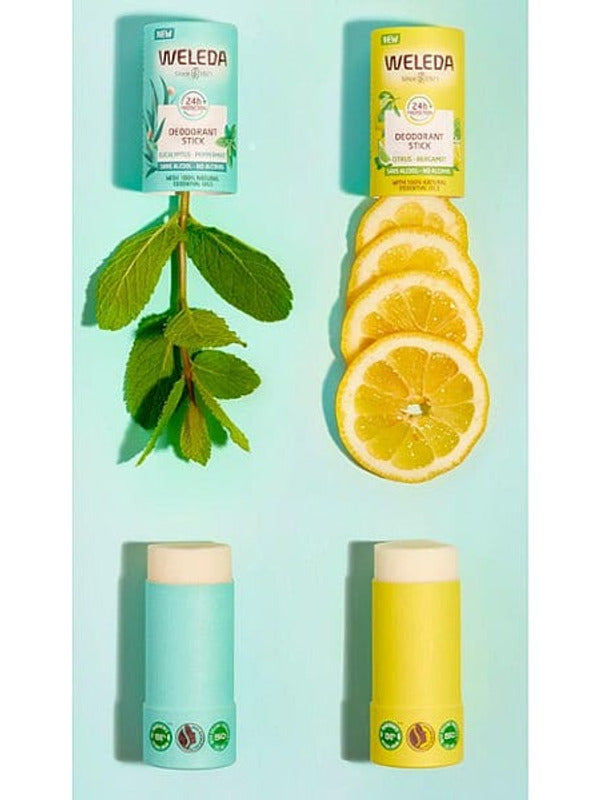 Deodorant Stick Citrus-Bergamot and Eucalyptus-Peppermint opened with peppermint leaves and slices of lemon.