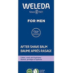 Tall blue Weleda For Men After Shave Balm carton with white lettering, a pale purple band and certification symbols near the base.