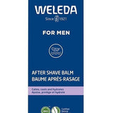 Tall blue Weleda For Men After Shave Balm carton with white lettering, a pale purple band and certification symbols near the base.