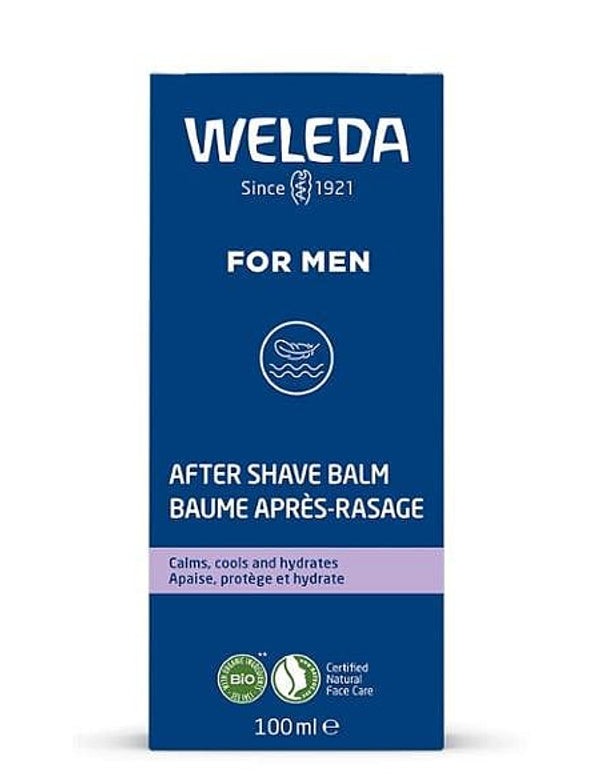 Tall blue Weleda For Men After Shave Balm carton with white lettering, a pale purple band and certification symbols near the base.