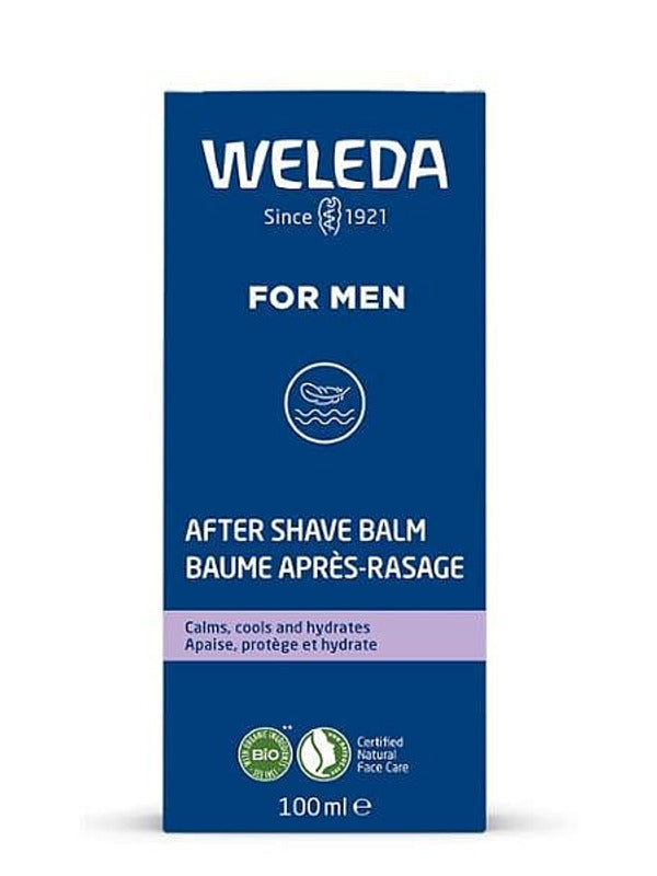 Tall blue Weleda For Men After Shave Balm carton with white lettering, a pale purple band and certification symbols near the base.
