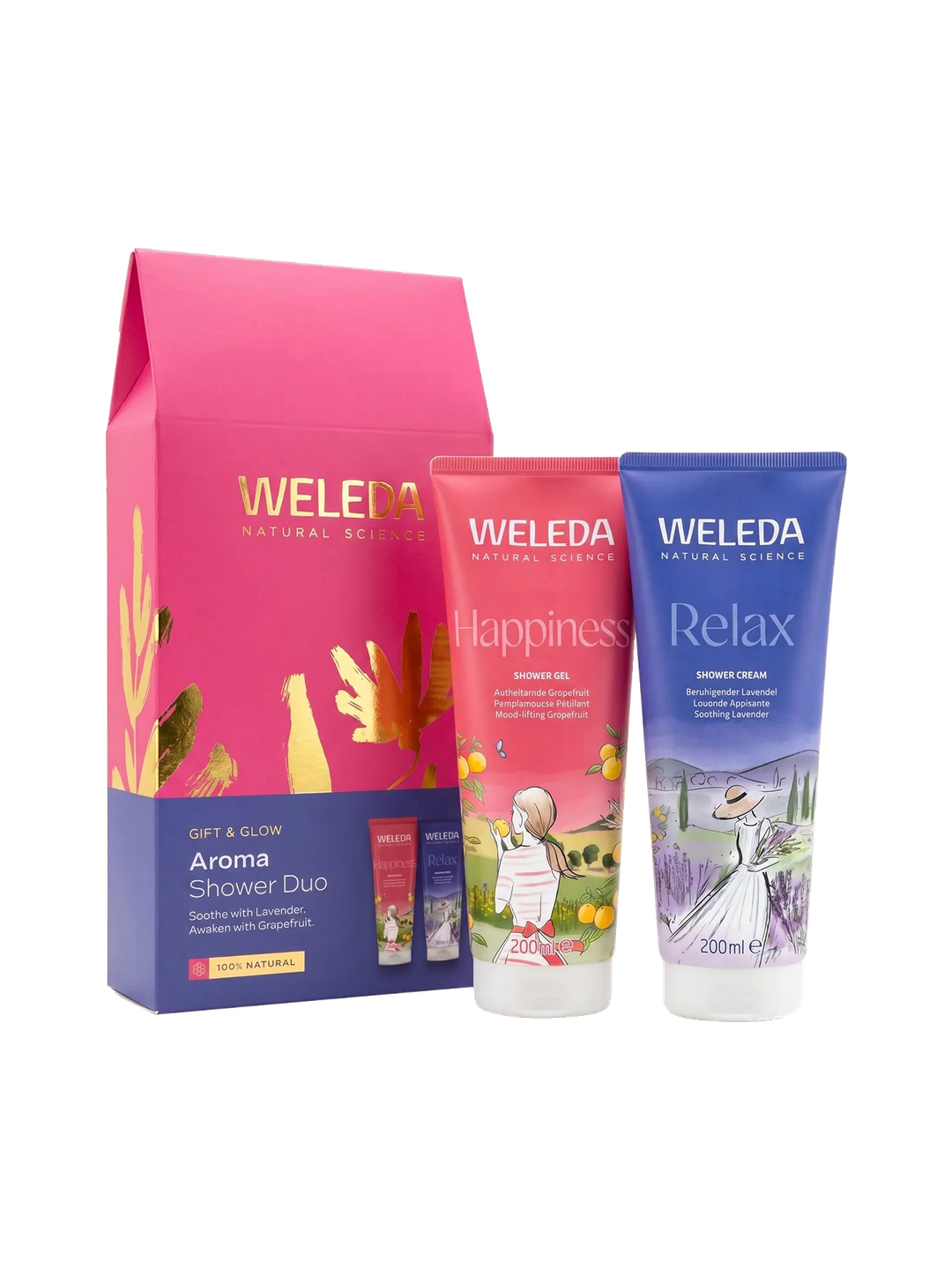 Weleda Gift & Glow Aroma Shower Duo 2pk gift box with both products on white