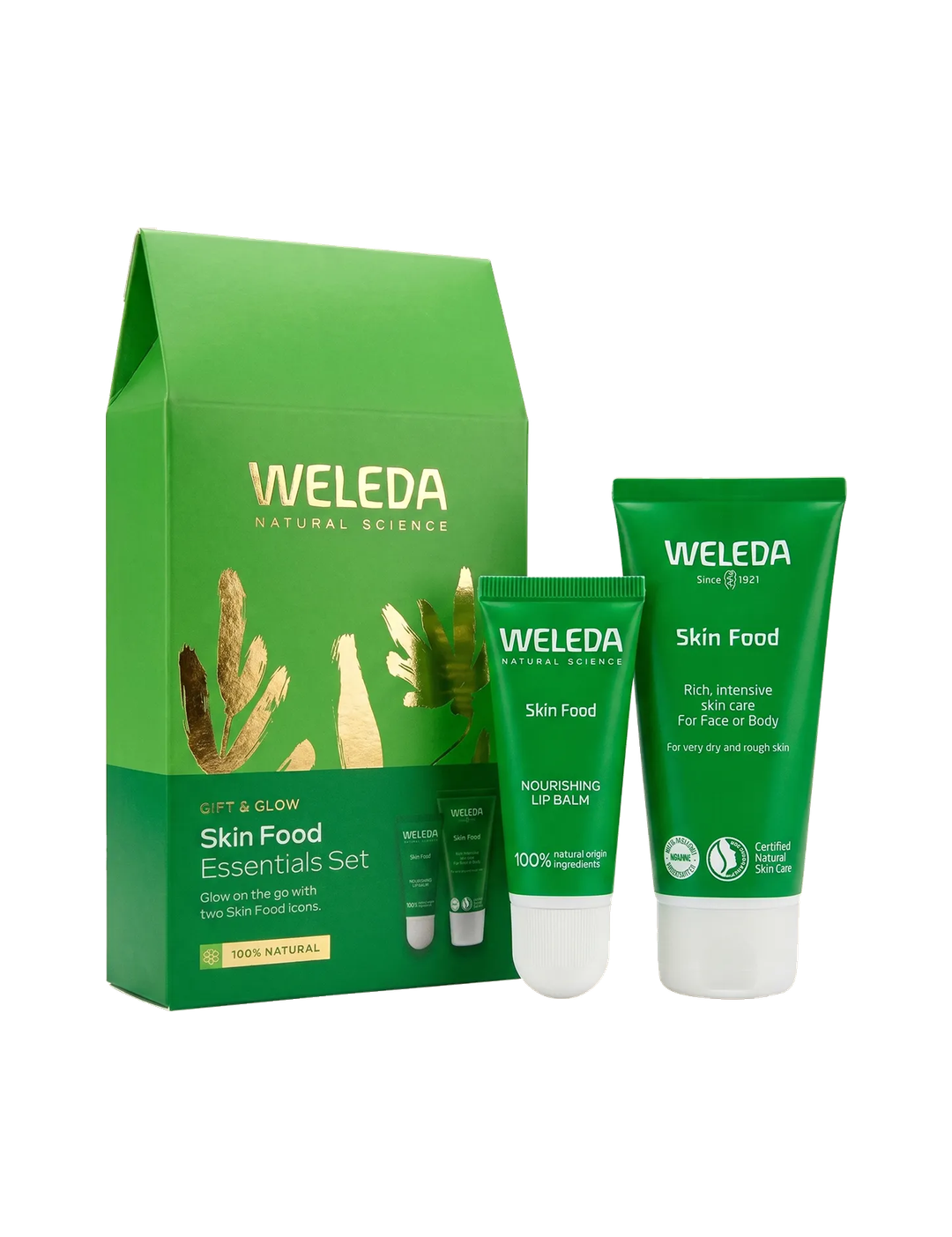 Weleda Gift & Glow Skin Food Essentials Set 2pk gift box with both products on white