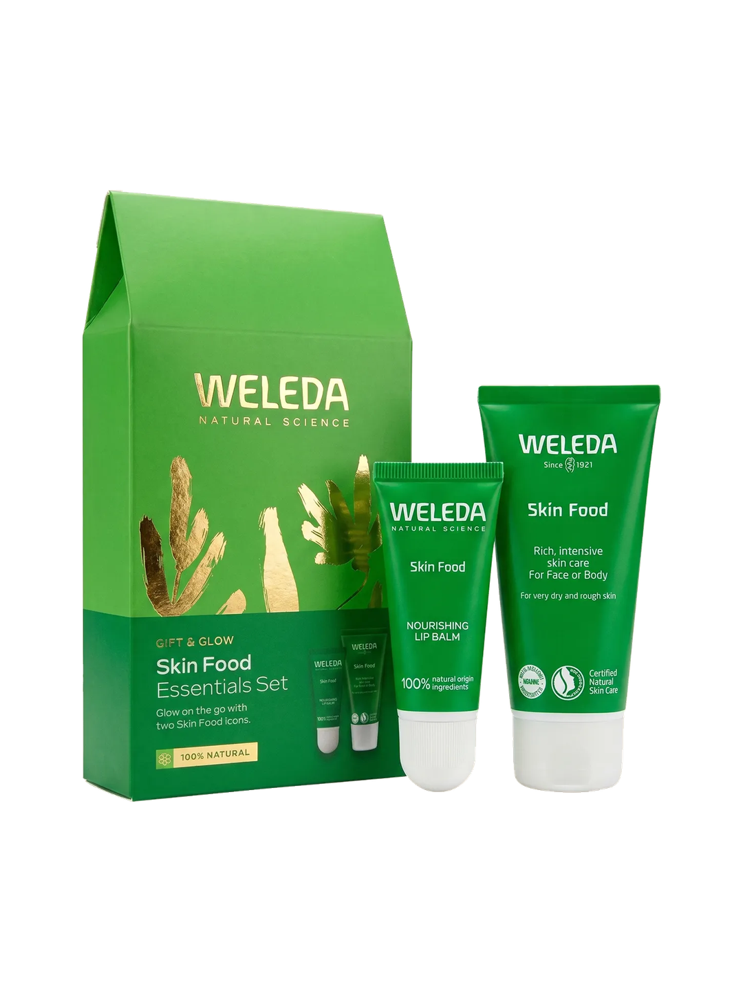 Weleda Gift & Glow Skin Food Essentials Set 2pk gift box with both products on white