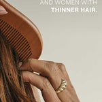 A hand with a gold ring holds Weleda Revitalising Hair Tonic With Rosemary 100ml near brown hair, highlighting its use as a scalp treatment. Text reads: Perfect for both men and women with thinner hair.