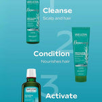Weleda Revitalising Hair Tonic With Rosemary 100ml shown on a blue background, labeled "Activate": a scalp treatment with rosemary oil designed to support healthy scalp and hair growth, featuring usage instructions for optimal care.