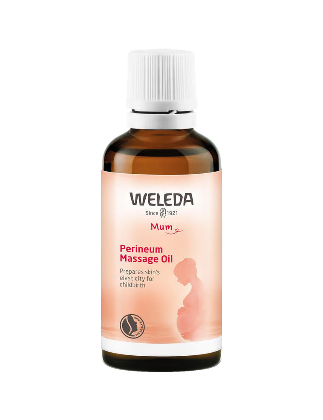 Amber Weleda Mum Perineum Massage Oil bottle with a white ribbed cap and a peach label showing the side silhouette of a pregnant woman.