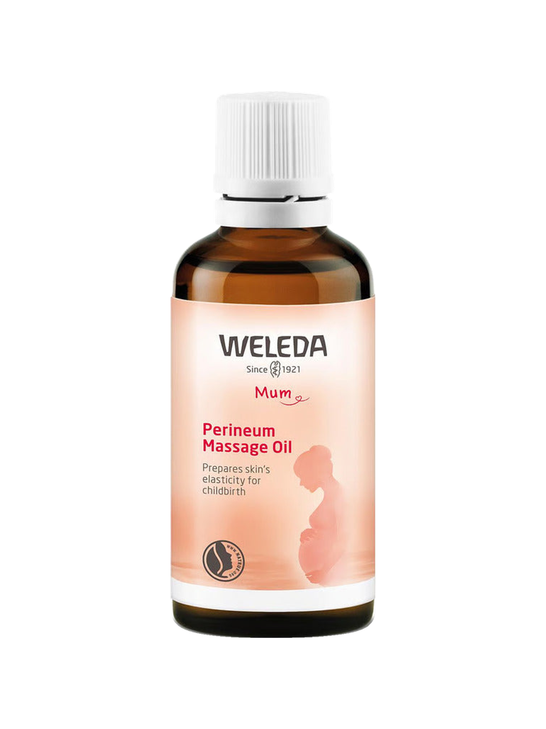Amber Weleda Mum Perineum Massage Oil bottle with a white ribbed cap and a peach label showing the side silhouette of a pregnant woman.