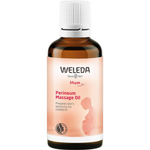 Amber Weleda Mum Perineum Massage Oil bottle with a white ribbed cap and a peach label showing the side silhouette of a pregnant woman.