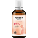 Amber Weleda Mum Perineum Massage Oil bottle with a white ribbed cap and a peach label showing the side silhouette of a pregnant woman.