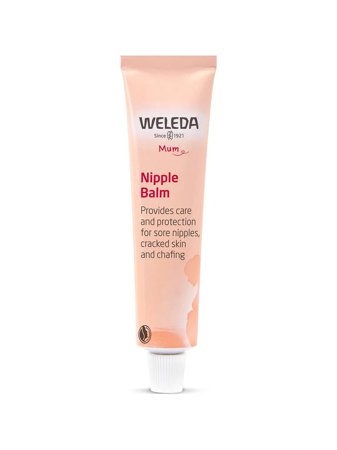 Peach Weleda Mum Nipple Balm tube with dark pink lettering and a small white ribbed cap.