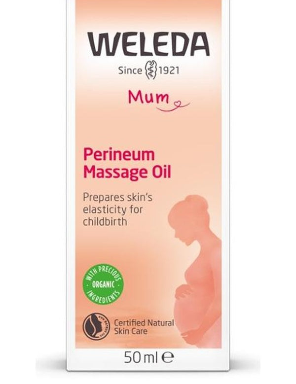 White Weleda Mum Perineum Massage Oil carton with a peach front panel, dark pink lettering and the side silhouette of a pregnant woman.