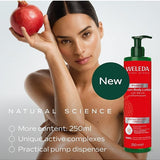 Weleda Pomegranate Firming Serum Body Lotion beside a model holding a pomegranate, with callouts for the 250ml size, active complexes and pump dispenser.