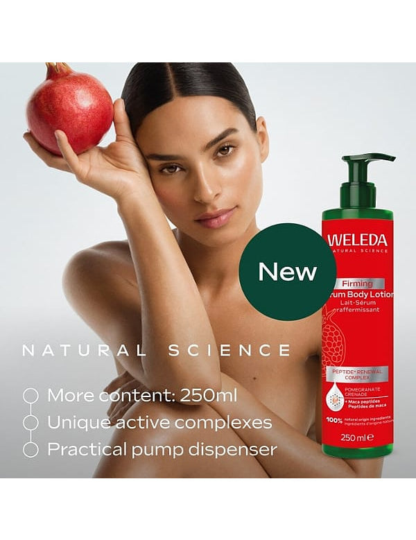 Weleda Pomegranate Firming Serum Body Lotion beside a model holding a pomegranate, with callouts for the 250ml size, active complexes and pump dispenser.