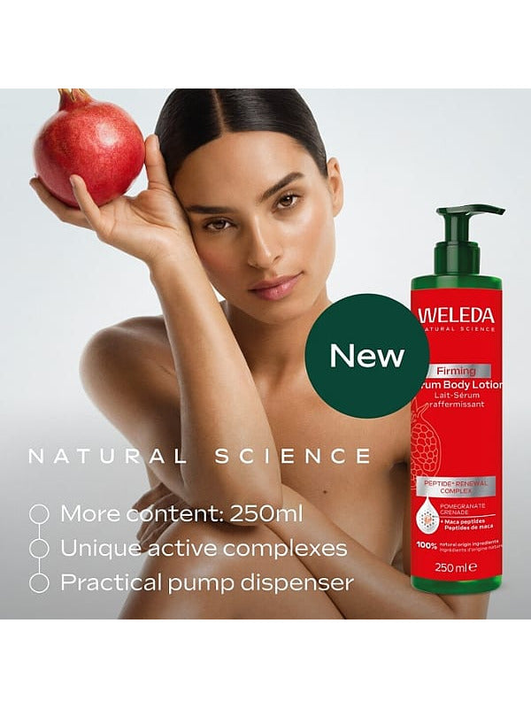 Weleda Pomegranate Firming Serum Body Lotion beside a model holding a pomegranate, with callouts for the 250ml size, active complexes and pump dispenser.