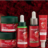 Complete Weleda Pomegranate Firming Face Care range including day cream, night cream, serum, facial oil and eye cream.