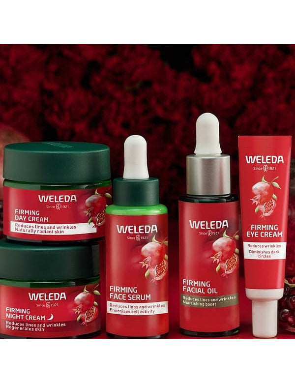 Complete Weleda Pomegranate Firming Face Care range including day cream, night cream, serum, facial oil and eye cream.