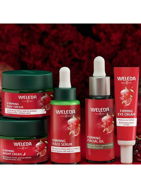 Complete Weleda Pomegranate Firming Face Care range including day cream, night cream, serum, facial oil and eye cream.